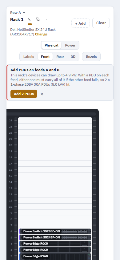 Racks & Stuff on a phone: the rack with a suggestion to add PDUs on feeds A and B.